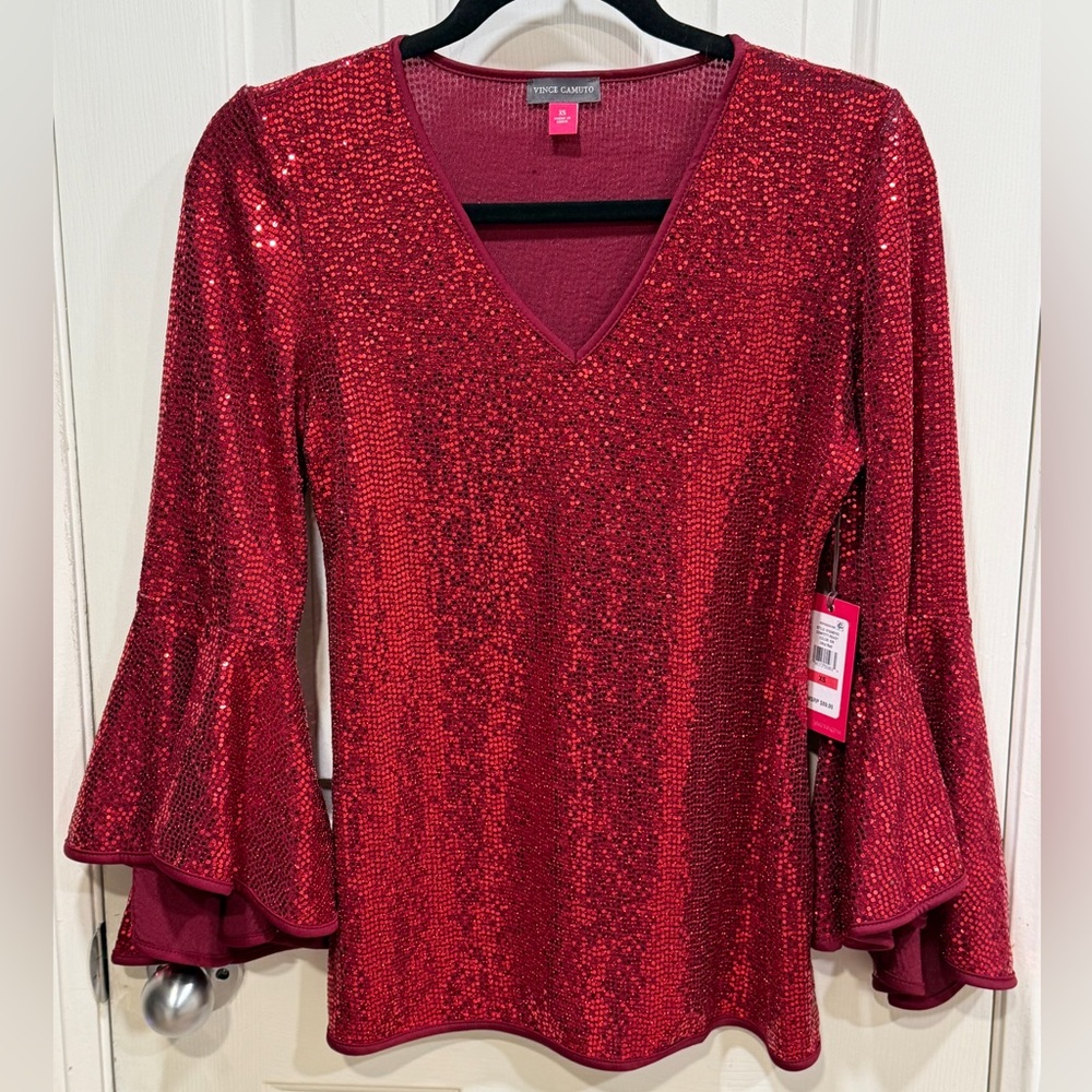 Vince Camuto Red Sequin V-Neck Bell Sleeve Top